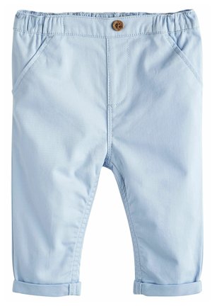 Pantalon bleu clair pour tout-petit avec taille élastique, bouton en bois, poches avant et revers roulés.