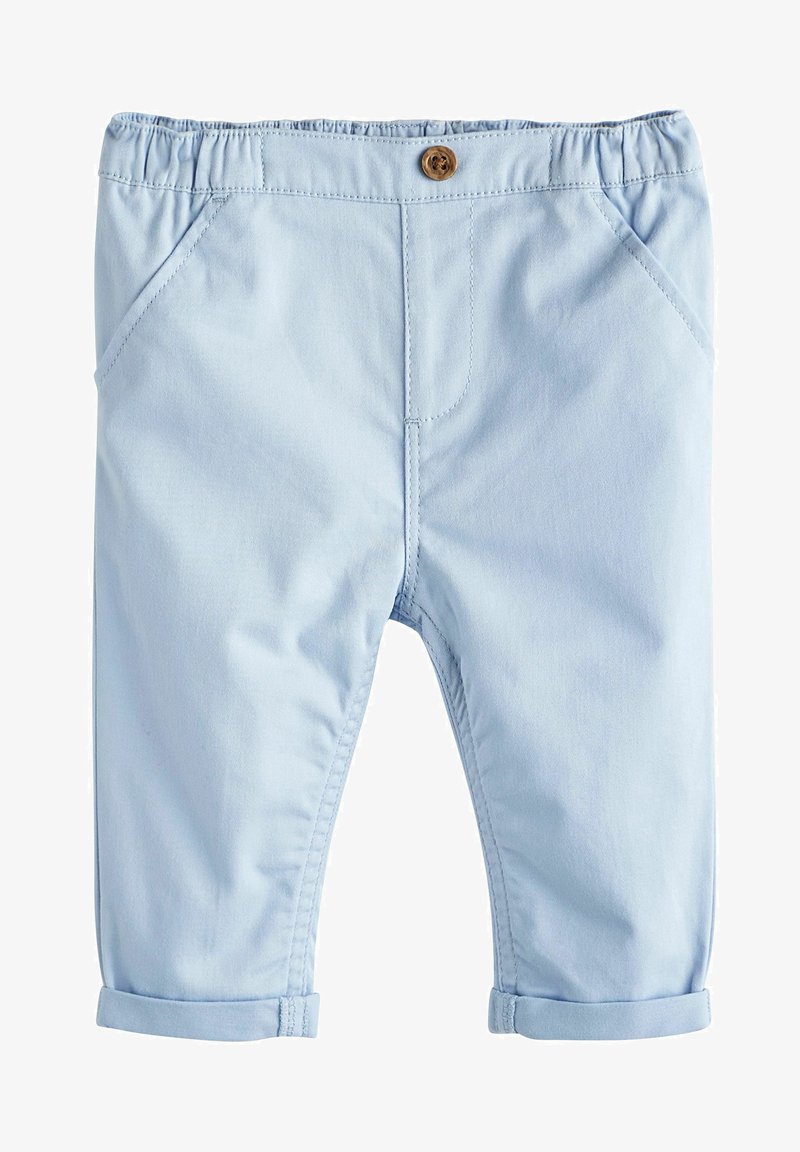Pantalon bleu clair pour tout-petit avec taille élastique, bouton en bois, poches avant et revers roulés.