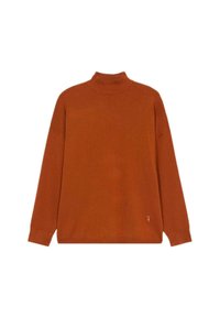 Rostfarbener Rollkragenpullover mit langen Ärmeln und lockerer Passform. Hergestellt aus weichem Material, fügt sich minimalistische Nähte und ein kleines Logo.