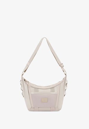 Borsa a tracolla beige realizzata in materiali sintetici, con un pannello testurizzato, cinturino regolabile e una placca con il logo sul fronte.
