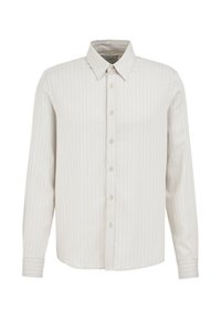 Chemise blanche à manches longues avec fines rayures verticales et col classique, présentée sur un fond blanc.