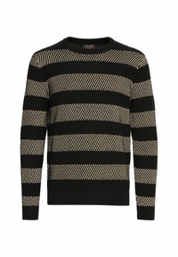 Black and beige striped sweater with a textured knit design, featuring a crew neckline and long sleeves. Notable horizontal stripes create contrast.