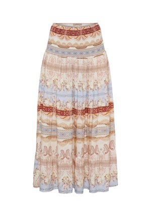Lang plisseret nederdel med horisontale bånd af blomster- og paisleymønstre i creme, blå, rød og beige toner på en lys baggrund.