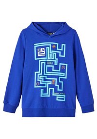 Felpa blu con cappuccio caratterizzata da un design a labirinto con il logo FIFA, testo "FAI CHE SIA DECISIVO" e vari elementi grafici. Tessuto morbido e maniche lunghe.