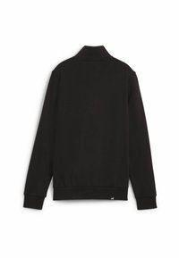 Chaqueta negra de pullover hecha de tejido suave, con un alto cuello y puños acanalados. Detalle sutil del logo en el dobladillo.