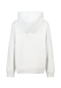 Grijze hoodie van zacht materiaal met een kangoeroezak, geribbelde manchetten en een capuchon met trekkoord; achteraanzicht toont een soepele textuur en naden.