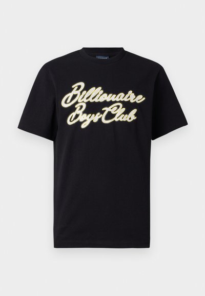 Black cotton t-shirt featuring a prominent white and gold cursive logo "Billionaire Boys Club" across the chest. Classic crew neckline.