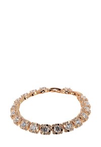 Różowe złote bransoletki z naprzemiennie umieszczonymi przezroczystymi i czarnymi kwadratowymi kryształami, z misternymi osadzeniami i pewnym zapięciem.