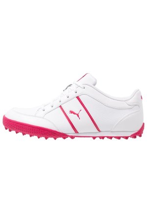 White athletic shoe with pink sole, pink Puma logo, and two pink stripes on the side, featuring laces and textured grip sole.