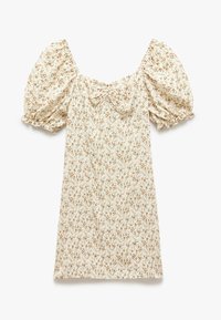 Blumenkleid aus leichtem Stoff, mit quadratischem Ausschnitt, puffigen Ärmeln und einem gerafften Vorderteil, das mit kleinen mehrfarbigen Blumen verziert ist.