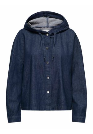 Tamno traper jakna sa sivom kapuljačom. Ima kopčanje na gumbe sprijeda, vezicu i duge rukave. Teksturirani materijal sa opuštenim krojem.