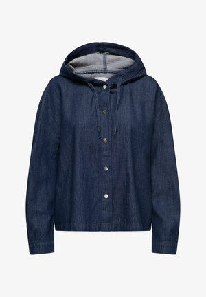 Tume teksajakk halli kapuutsiga. Ees on nööbitav, paeltega ja pikad varrukad. Tekstuurse kangaga ja lõdva istumisega.