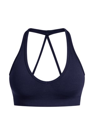 Bralette marine fabriqué en tissu lisse, doté d'un décolleté en V profond, d'une bande épaisse et d'un design de bretelles croisées au dos.