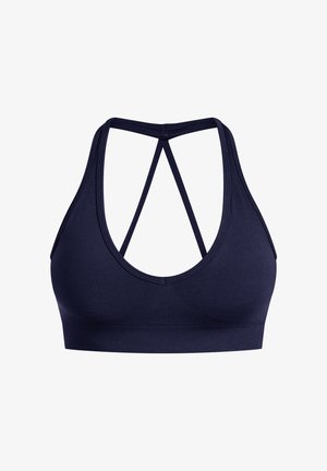 Marineblå bralette lavet af glat stof, med en dyb V-udskæring, bredt bånd og et krydset stropdesign på ryggen.