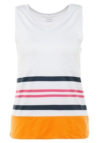 Top bianco senza maniche con scollatura a V, caratterizzato da strisce orizzontali in blu navy, rosa e arancione sull'orlo. Realizzato in tessuto morbido.