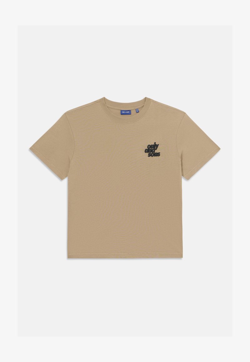 Tricou din bumbac bej cu mâneci scurte și guler rotund. Prezintă un logo imprimat negru în zona stângă a pieptului. Textură moale. Croială casual.