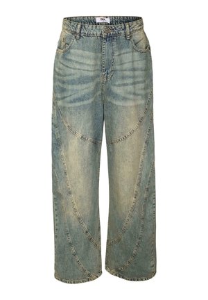 Jeans a gamba larga di colore azzurro chiaro con vita alta, caratterizzati da dettagli con cuciture curve e orli rifiniti. Realizzati in denim con macchie sbiadite.