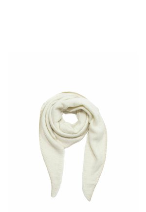 Soft, cream-colored woolen scarf folded in a loop with pointed ends hanging down.