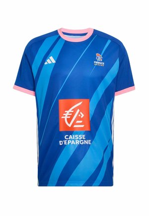 Blue athletic shirt with diagonal stripes in light blue. Pink collar and sleeve accents. Front features a sponsor logo in red and white.