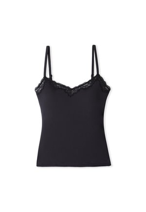 Top camicia nera con spalline sottili regolabili e bordatura in pizzo lungo lo scollo e i bordi superiori, esposto su uno sfondo bianco.