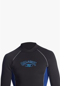 Black long-sleeve wetsuit with blue side panels and Billabong logo, featuring flatlock stitching and a high neckline.