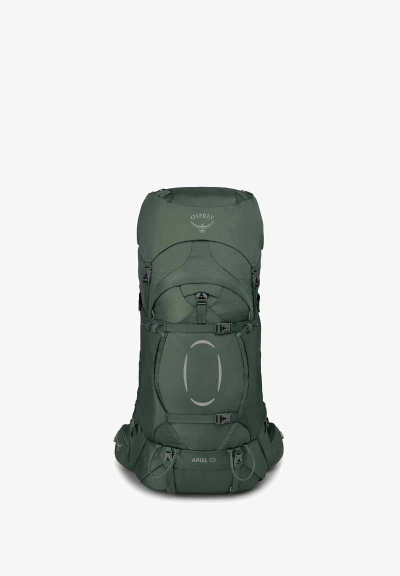 Zaino Green Osprey Ariel 65 con spallacci regolabili, molteplici fibbie, tessuto liscio e punta arrotondata; presenta il logo e una base rinforzata.
