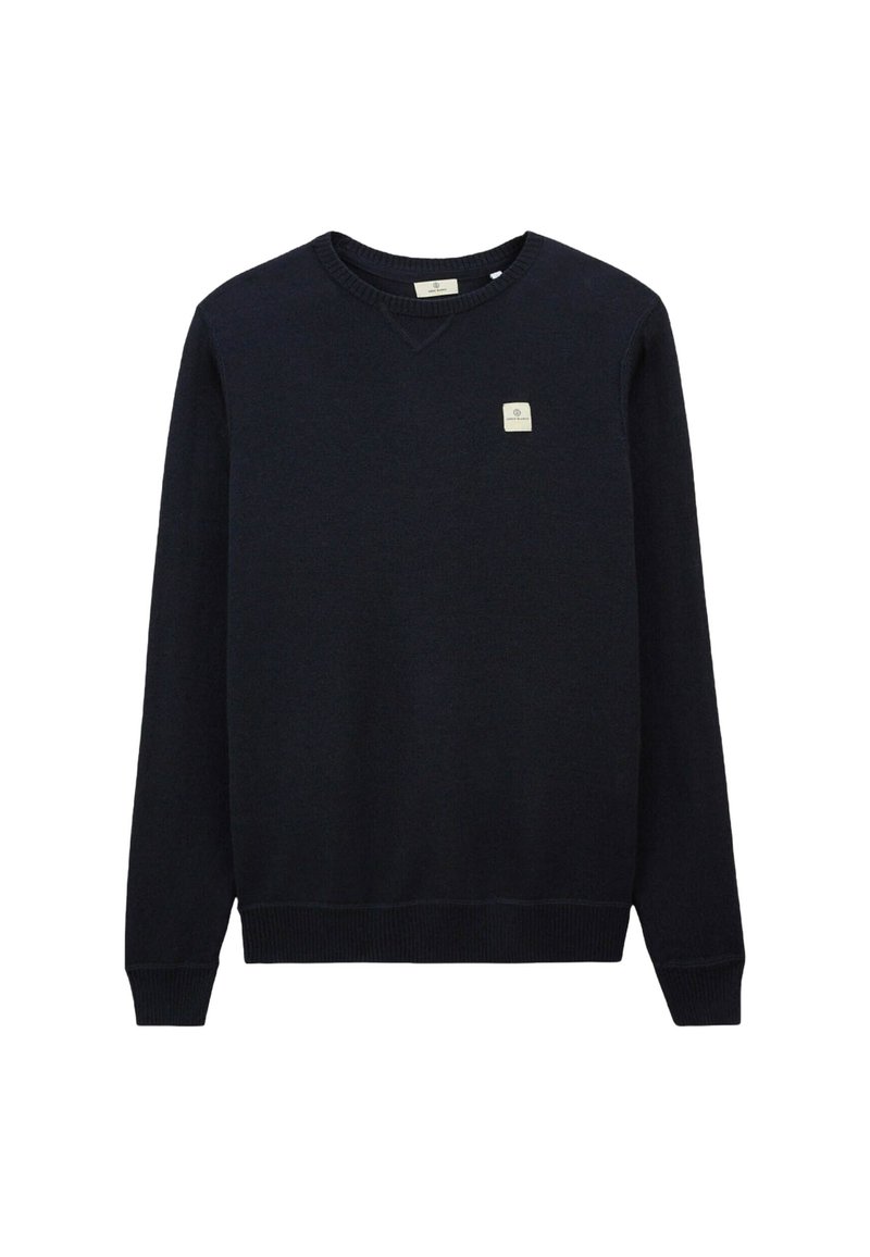 Pull marin avec col en V, bords-côtes aux poignets et à l'ourlet, présentant un petit patch logo sur la poitrine gauche. Texture tricot lisse, design décontracté.