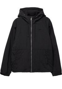 Veste noire à capuche avec fermeture éclair, cordons de serrage, poches latérales et manches longues avec sangles réglables aux poignets.