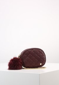 Burgundy quilted crossbody bag with gold chain strap, featuring a fluffy pom-pom charm and oval shape. Smooth texture and zipper closure.