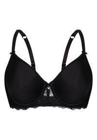 Schwarzer BH mit glatten Tassen, verstellbaren Trägern und Spitzenverzierung am unteren Rand. Mit einem kleinen Herzakzent in der Mitte vorne.