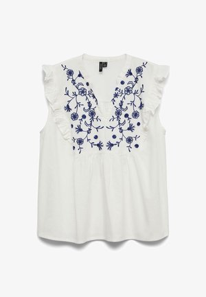 Hvit ermeløs bluse med marineblå blomsterbroderi foran og rynkede kanter langs ermåpningene.