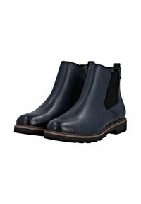 Botas de tobillo de cuero azul marino con paneles laterales elásticos, textura suave y una suela de goma resistente con un ligero tacón.