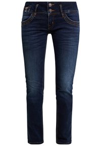 Mörkblå denimjeans med en tajt design. Har en knäppning med knapp, två framfickor och kontrasterande sömmar längs sömmarna.