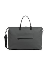 Borsa a tracolla grigia con accenti neri, realizzata in materiale resistente. Presenta manici superiori, una tracolla removibile e una tasca con zip sul davanti.