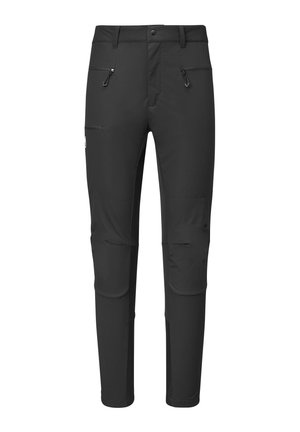 Schwarze Outdoor-Hosen mit Reißverschluss-Vordertaschen, Seitentasche, Knieschützer und Gürtelschlaufen, entworfen für aktive Trageweise.