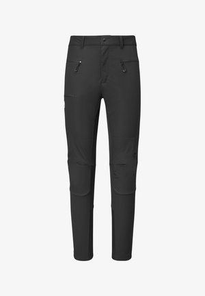 Schwarze Outdoor-Hosen mit Reißverschluss-Vordertaschen, Seitentasche, Knieschützer und Gürtelschlaufen, entworfen für aktive Trageweise.