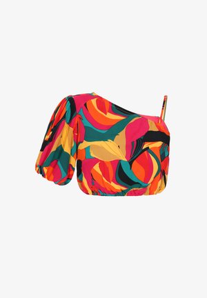 One-shoulder top made of vibrant fabric featuring large, abstract floral patterns in red, orange, yellow, and teal with ruched detailing.