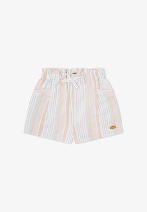 Pantalones cortos para niño pequeño a rayas en tonos pastel rosa, blanco y beige, con cintura elástica, cordón de ajuste, dos bolsillos frontales y un pequeño parche con logotipo.
