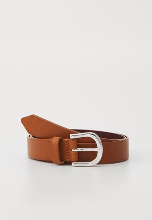 Tan leather belt with a shiny silver buckle. The belt features a smooth finish and a tapered end for easy adjustment.