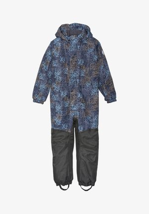 Vandeniui atsparus kombinezonas mėlynos ir juodos spalvų su geometriniu raštu. Yra gobtuvas, elastiniai rankogaliai ir reguliuojamos kulkšnies juostos patogiam pritaikymui.