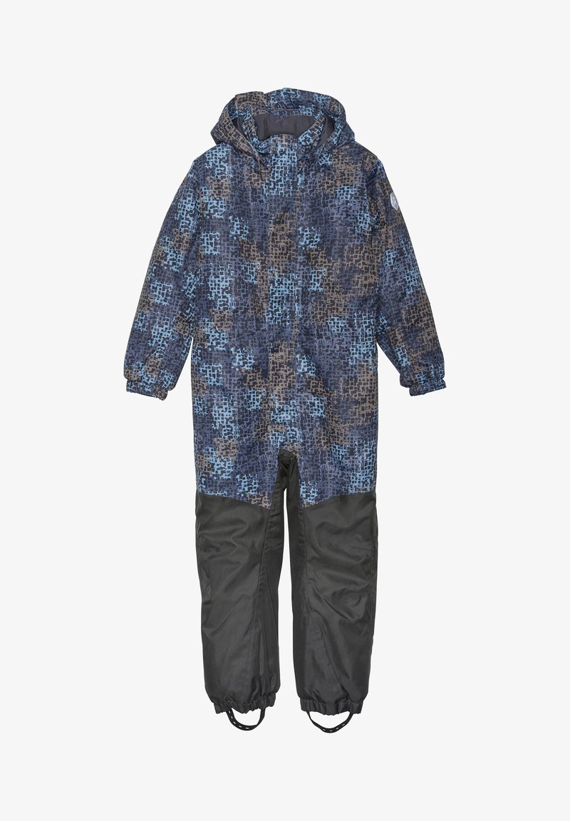 Waterproof overall in blue and black with a geometric pattern. Features a hood, elastic cuffs, and adjustable ankle straps for fit.