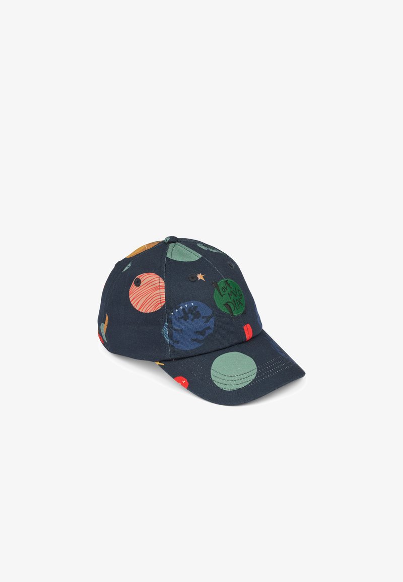 Marinkeps med färgglada planetdesigns, inklusive cirklar och ränder. Tillverkad av tyg med en böjd skärm och justerbart spänne.