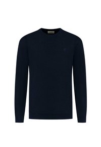 Marineblauer Rundhals-Pullover aus strukturiertem Strickstoff. Mit langen Ärmeln, gerippten Bündchen und Saum sowie dezentem Logodetail.
