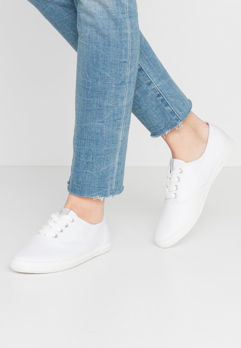 Baskets en toile blanches avec semelles en caoutchouc, comportant cinq œillets et des embouts texturés, associées à un jean en denim bleu court.