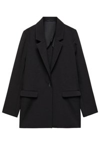 Black blazer made of textured fabric with a lapel collar, single button closure, and two front pockets. Simple, structured design.