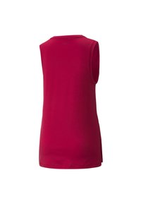 Top con spalle scoperte di colore rosso, realizzato in materiale morbido, caratterizzato da scollo tondo, orlo dritto e spacchi laterali per una maggiore libertà di movimento.