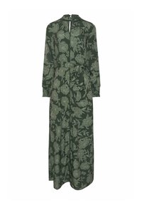 Groen bloemenprint jurk met lange mouwen, hoge halslijn en strik taille. Beschikt over een luchtige stof en een gedetailleerd botanisch ontwerp.