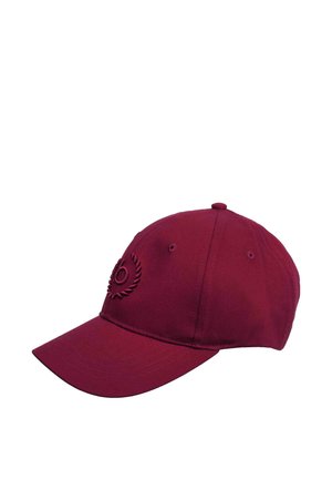 Burgundy baseball cap made of cotton, featuring a curved brim, stitched logo detail, and six ventilation eyelets on the crown.
