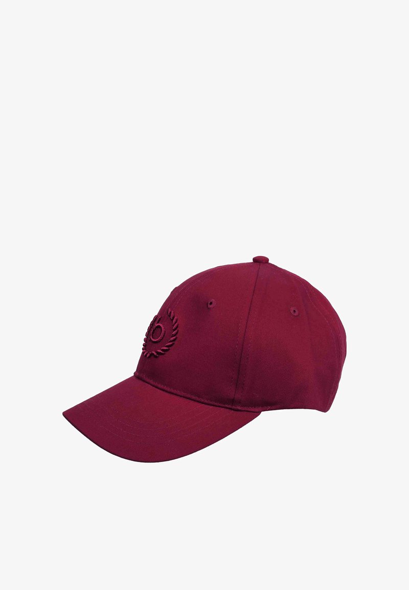 Burgundy baseball cap made of cotton, featuring a curved brim, stitched logo detail, and six ventilation eyelets on the crown.