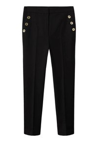 Zwarte op maat gemaakte broek met een gladde textuur, rechte pasvorm en goudkleurige knopenaccenten langs de linkerkant voor een ontwerpdetail.